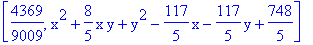 [4369/9009, x^2+8/5*x*y+y^2-117/5*x-117/5*y+748/5]